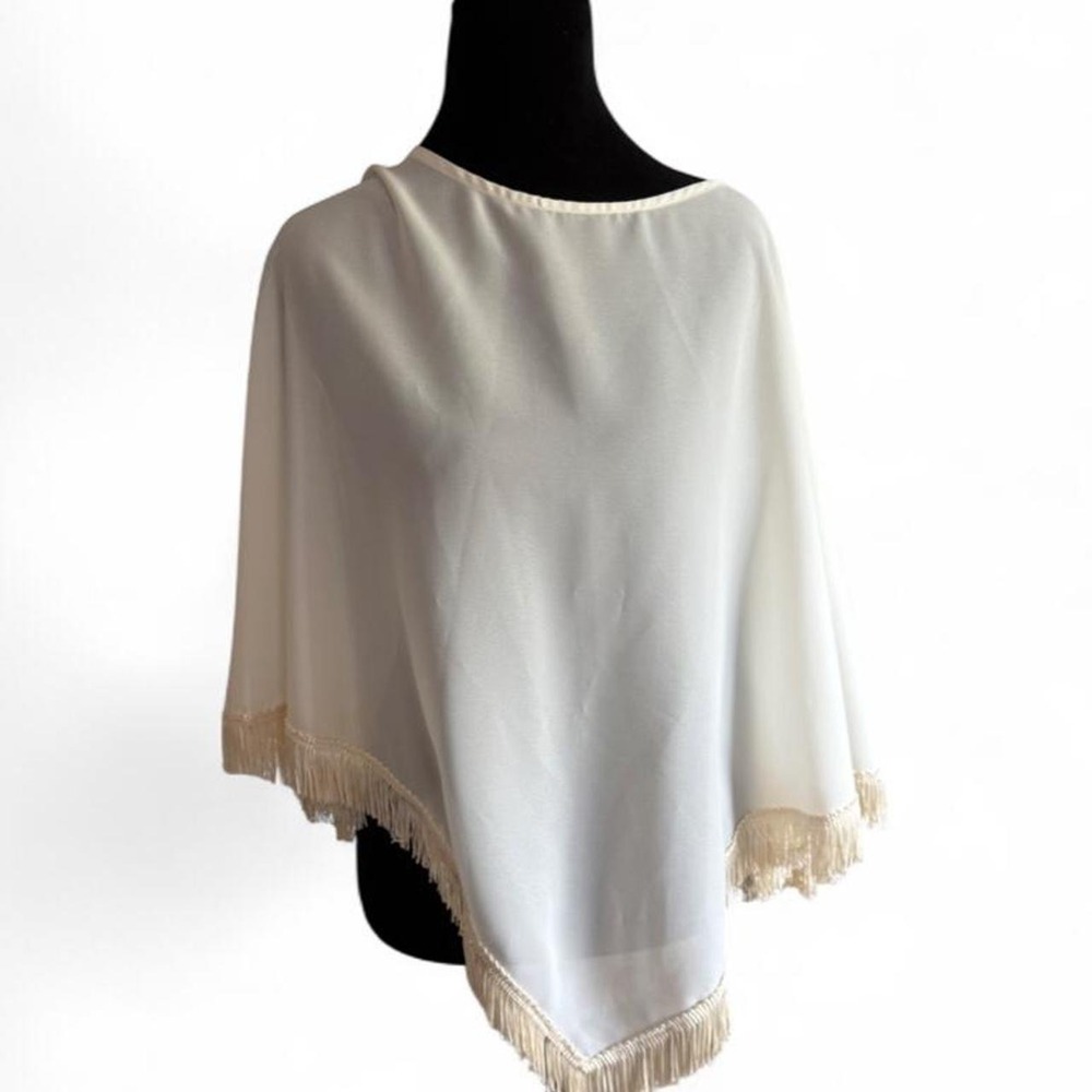 Vintage Cream Sheer Poncho Cape with Fringe Bridal Wrap Size 16